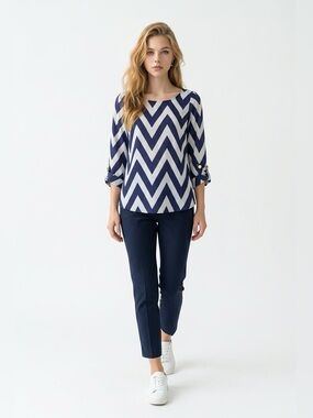 Dina Be Navy and White Chevron Top with Cropped Navy Pants